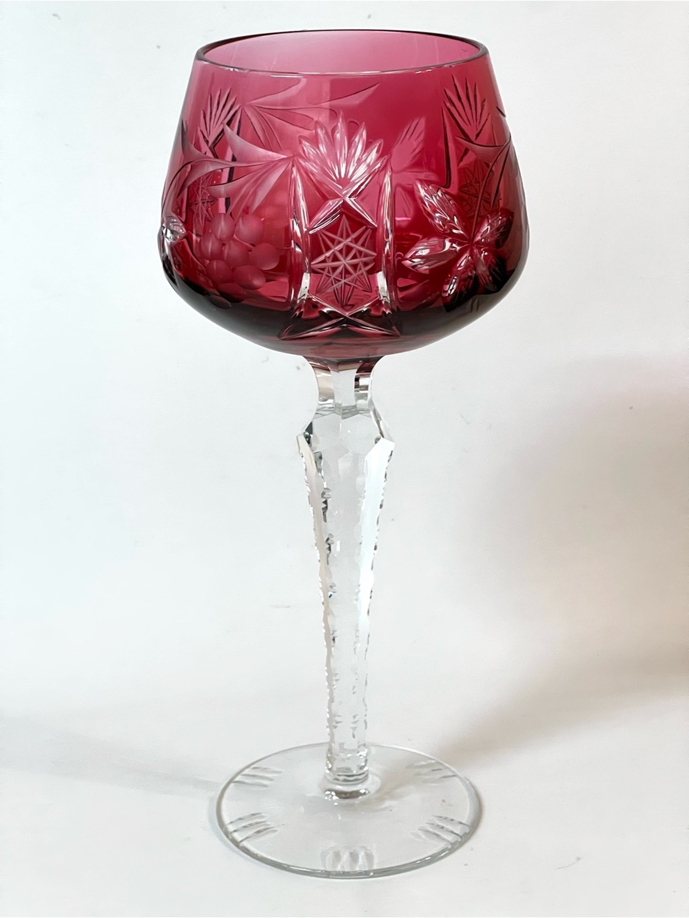 Cranberry Red Crystal Cut to Clear Glass Wine Hock Goblet Etched Grape 7.8 in